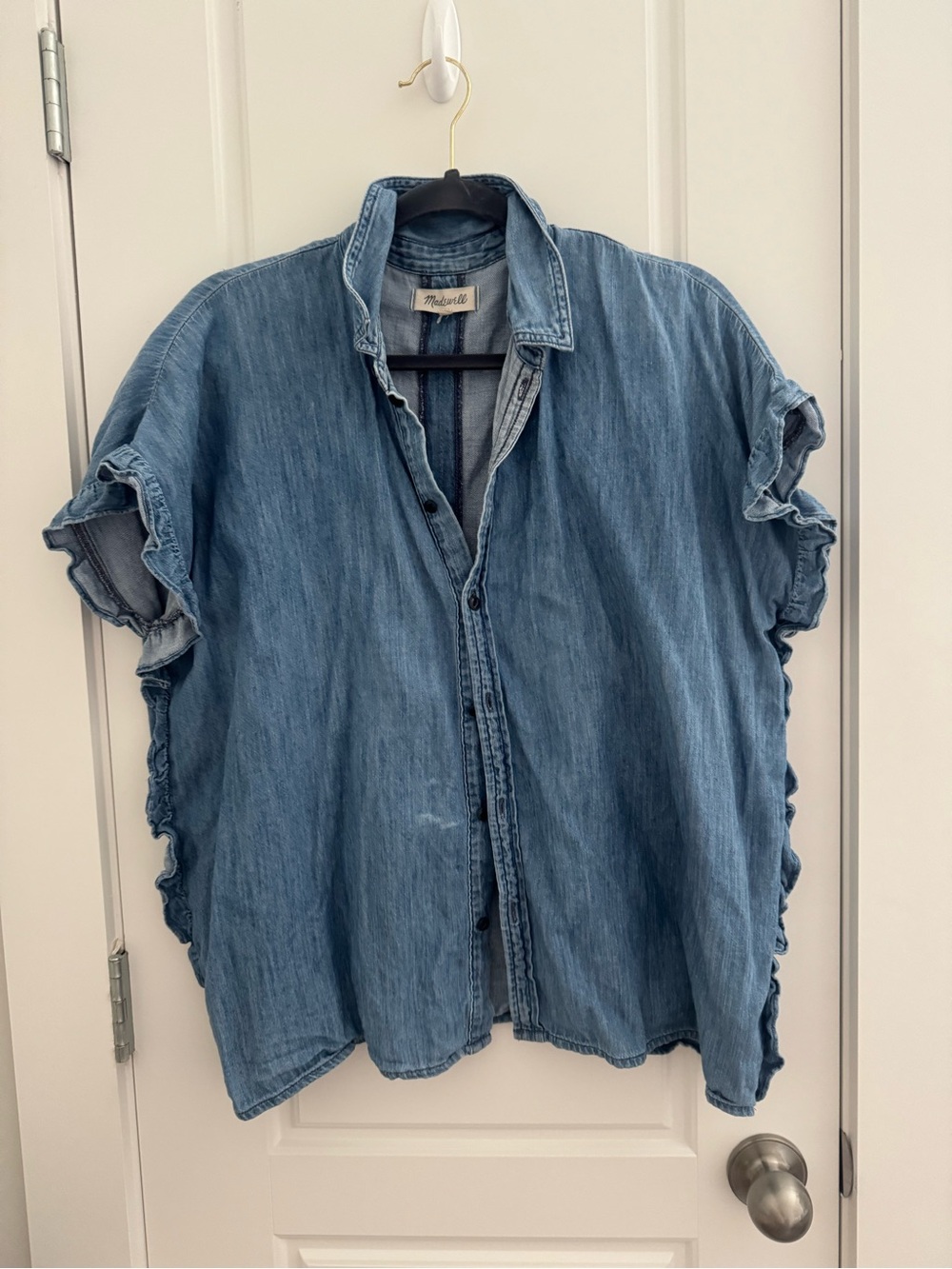 Madewell Light Blue Denim Button-Front Shirt with Ruffle Sleeves